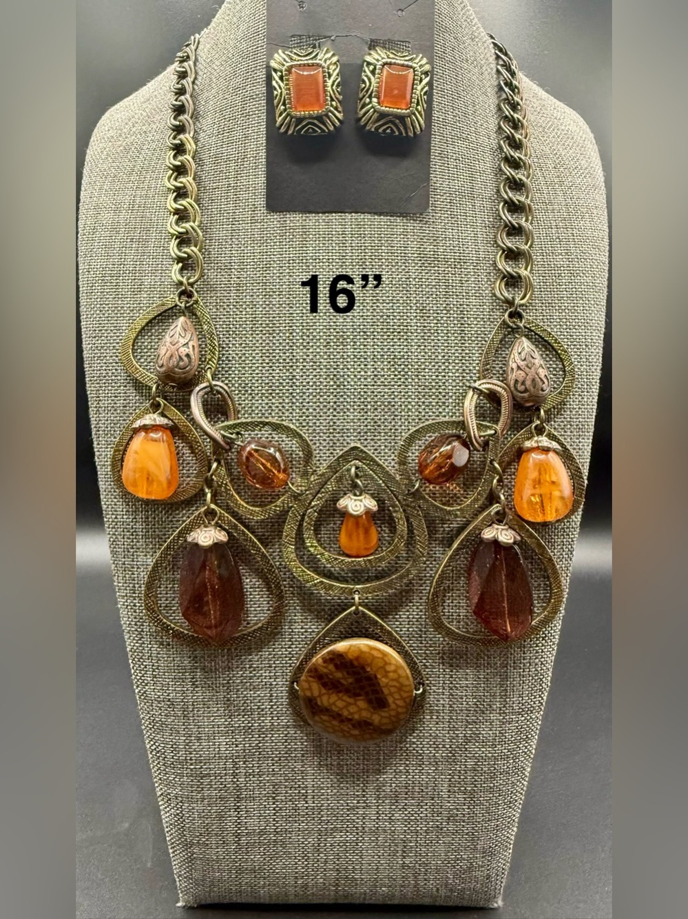 Bohemian Amber-Tone Statement Necklace and Earring Set